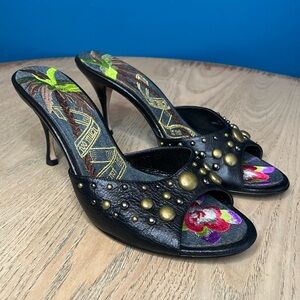 Beverly Feldman Studded Black Leather Mule Open Toe Heels Women’s Size 8